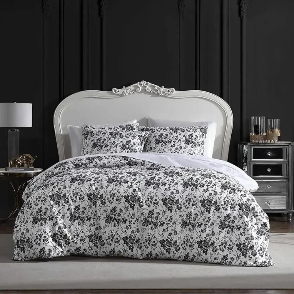 Betsey Black & White Floral Duvet SET Cover with matching Pillow Cases QUEEN